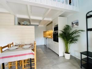 une salle à manger et une cuisine avec une table et une plante dans l'établissement Villa Capbreton, 3 pièces, 4 personnes - FR-1-413-174, à Capbreton