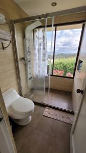 La salle de bains est pourvue de toilettes, d'une douche et d'une fenêtre. dans l'établissement Excepcional Villa dulce Raquel chimenea y horno, à Cuenca