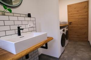een badkamer met een wastafel en een wasmachine bij Ferienwohnung Holiswald in Oppenau