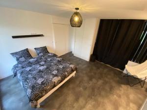 ein Schlafzimmer mit einem Bett und einer Hängeleuchte in der Unterkunft Makeda Love & Jacuzzi in Neuville-Saint-Amand