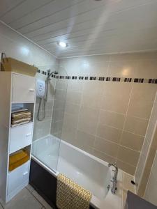 a bathroom with a shower and a bath tub at Beachfront Treasure in Musselburgh