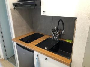 uma cozinha com um lavatório preto e um balcão em Studio au pied des pistes em Villard-de-Lans