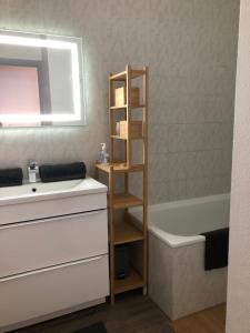 a bathroom with a sink and a shelf next to a bath tub at Studio au pied des pistes in Villard-de-Lans