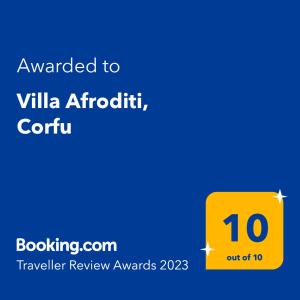 Certifikát, hodnocení, plakát nebo jiný dokument vystavený v ubytování Villa Afroditi, Corfu