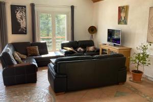 - un salon avec deux canapés et une télévision dans l'établissement La Villa Coisy, à Saint-Galmier