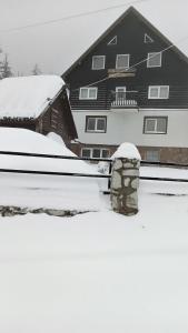 un patio cubierto de nieve con una casa en el fondo en Casa de Vacanţă Vârtop, en Vartop