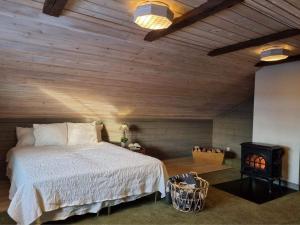 1 dormitorio con cama y techo de madera en Backens Fjällboende, en Tännäs