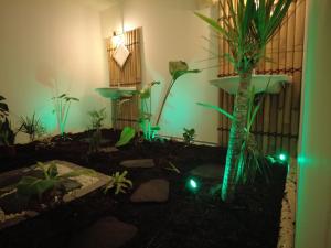 een tuin met een wastafel en een palmboom met verlichting bij en attente in Issoudun
