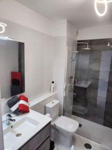 a bathroom with a toilet and a sink and a shower at Appartamento vista oceano a pochi passi dal mare in Playa Fañabe