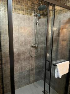 a bathroom with a shower with a glass door at Le Cheval Blanc in Serres