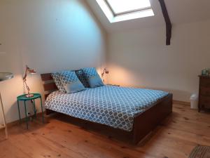 1 dormitorio con cama con sábanas azules y ventana en " Chez Alex ", 