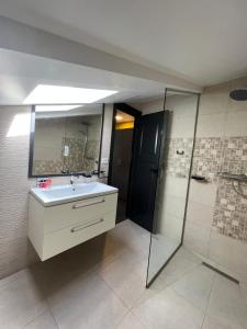 a bathroom with a sink and a glass shower at Noblesse Bacău in Bacău