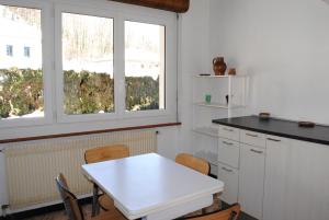 cocina con mesa blanca y 2 ventanas en Le cloiset, en Châtillon-sur-Cluses