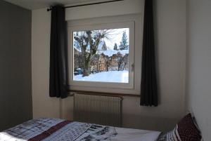 Châtillon-sur-ClusesにあるLe cloisetの雪に覆われた庭のあるベッドルームの窓