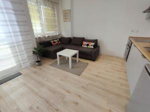 un soggiorno con divano e tavolo di Green Kabaty Apartment 3 a Varsavia
