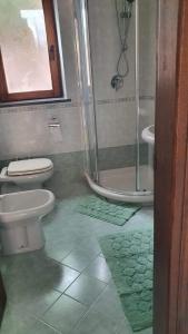 a bathroom with a shower and a toilet and a sink at La Casetta nel Bosco in Ischia