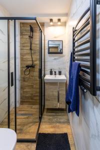 a bathroom with a shower and a white sink at Apartament Sarenka in Szklarska Poręba