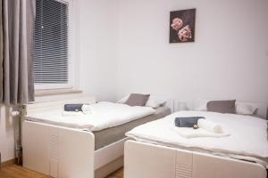 dos camas sentadas una al lado de la otra en una habitación en Apartma Tia 2, en Zreče
