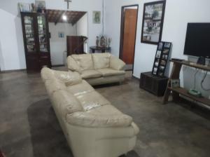 sala de estar con 2 sofás y TV de pantalla plana en Fazenda Di Tudo, en Pirenópolis