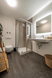 a bathroom with a shower and a toilet and a sink at das Dietmanns in Bad Tölz