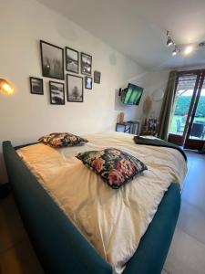 a bedroom with a large bed with flowers on it at Appartement douillet, proche gare, terrasse, cave in Saint-Jean-de-Maurienne