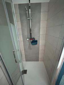 a shower with a glass door in a bathroom at Charmant logement neuf in Hourtin
