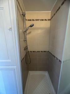 a shower with a shower head in a bathroom at suite spa jacuzzi tout confort in Beaumont-sur-Oise