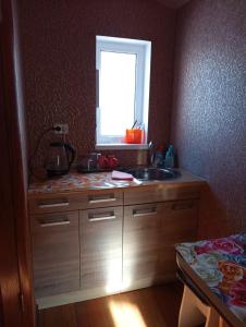 a kitchen with a sink and a window at Апельсин in Myrhorod