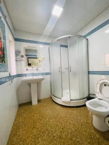 a bathroom with a shower and a toilet and a sink at Grand Emir Residence in Bukhara