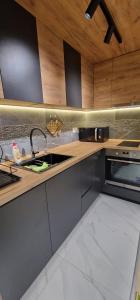 eine Küche mit einer Spüle und einer Mikrowelle in der Unterkunft Luxury Green & Modern Apartment in Skopje