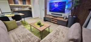 ein Wohnzimmer mit einem Sofa und einem TV in der Unterkunft Luxury Green & Modern Apartment in Skopje