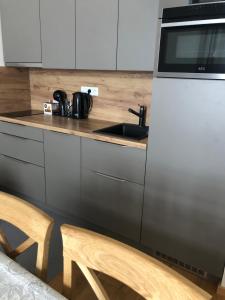 a kitchen with a sink and a microwave at Strunzova Pila - apartmány s wellness 2,06 a 3,03 in Kvilda