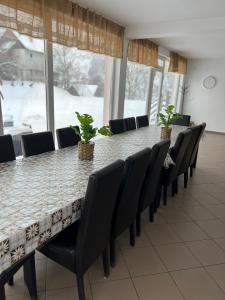 a long table with chairs and a long table with plants on it at Elitegasthaus Moieciu A in Moieciu de Jos