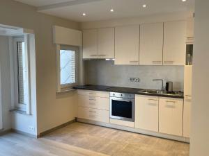 a kitchen with white cabinets and a sink at Duinenblik 5 in Nieuwpoort