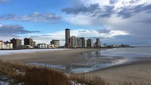 ein Strand mit Gebäuden im Hintergrund und eine Stadt in der Unterkunft Blush Appartement Centrum Middelburg in Middelburg