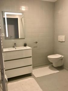 een badkamer met een toilet, een wastafel en een spiegel bij Le Moulin in Mesland