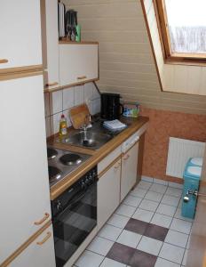 uma pequena cozinha com um fogão e um lavatório em Wohnung in Wilhelmsfehn mit Terrasse, Garten und Grill em Wiesmoor