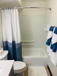 a bathroom with a white toilet and a shower at North Star Place 1 in Fairbanks