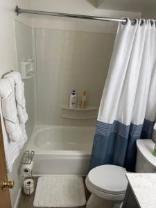 a bathroom with a tub and a toilet and a shower curtain at North Star Place 1 in Fairbanks