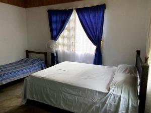 a bedroom with a bed and a window with blue curtains at Casa Briza in Nicoya