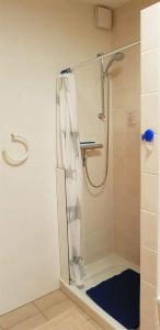 La salle de bains est pourvue d'une douche avec rideau de douche. dans l'établissement Ferienwohnung-Floppy-Hansi-Fewo-4-EG, à Sankt Peter-Ording