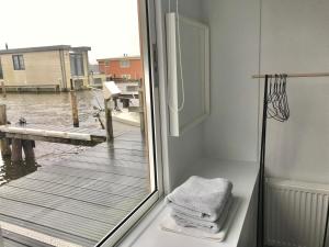 阿斯米尔Quiet Waterloft near Amsterdam and Schiphol WS11的浴室设有可欣赏码头景致的窗户。