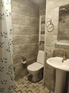 La salle de bains est pourvue de toilettes et d'un lavabo. dans l'établissement tbilicity hotel, à Tbilissi