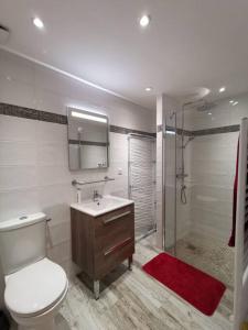 een badkamer met een toilet, een douche en een wastafel bij Charme et zénitude, avec vue exceptionnelle sur le port in Granville