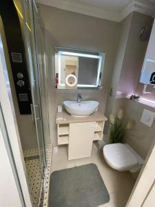 a bathroom with a sink and a shower and a toilet at Casa Ovi in Saturn