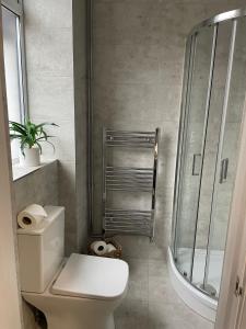a bathroom with a toilet and a shower at 264 The Road End in Liverpool +42 photos