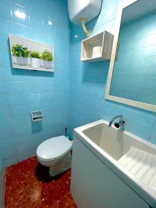 a blue bathroom with a toilet and a sink at Apartamento La Zahora - Alcañiz in Alcañiz