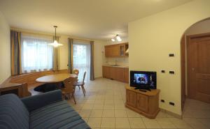 Il comprend un salon doté d'un canapé et d'une table avec une télévision. dans l'établissement Appartamenti Villa Elisa, à Falcade