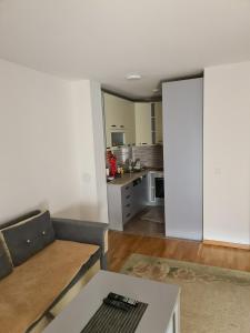 a living room with a couch and a kitchen at Apartman Jaca in Tuzla