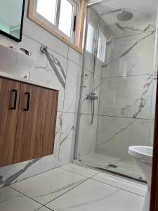 een badkamer met een douche en een wastafel bij (L.I.H.8) Luxury Industrial House 8 in Nea Paphos